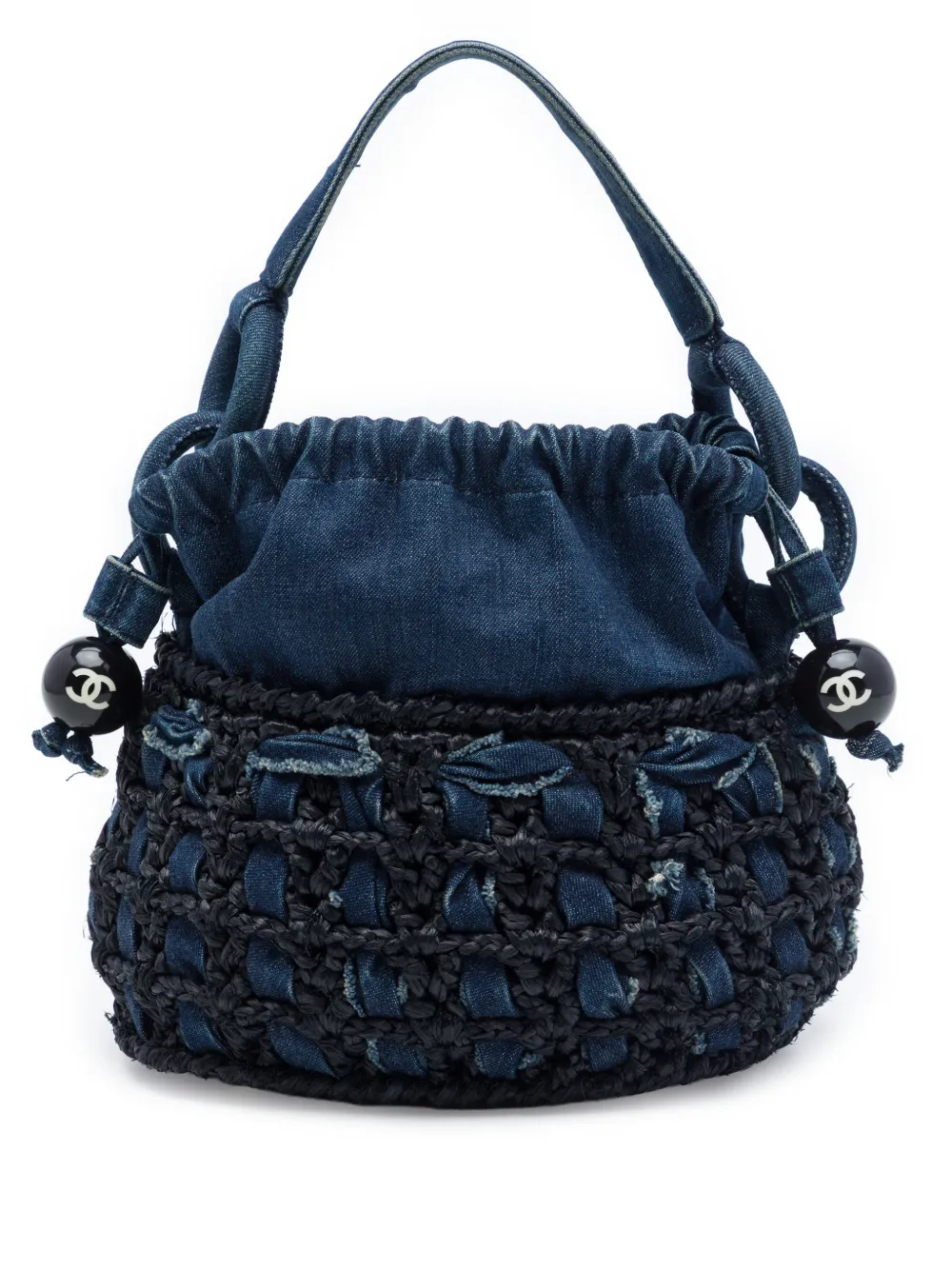 CHANEL Pre-Owned 2005-2006 CC Woven Denim and Raffia Drawstring bucket bag - Blu