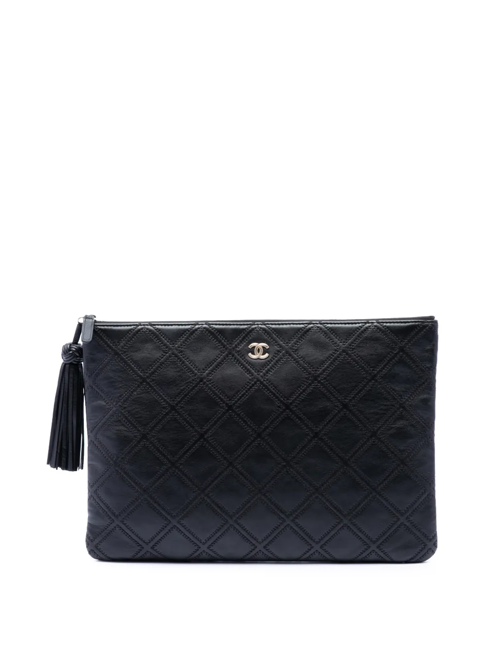 CHANEL Pre-Owned 2017-2018 Large Quilted Lambskin Double Stitch Tassel O Case clutch bag - Black
