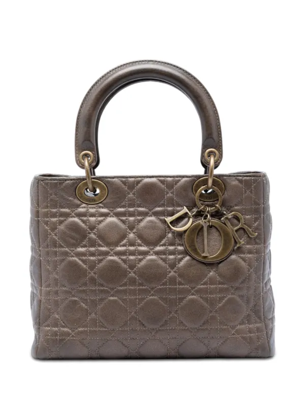 Dior Pre-owned 2007 Medium Metallic Lambskin Cannage Lady Dior Satchel in Brown