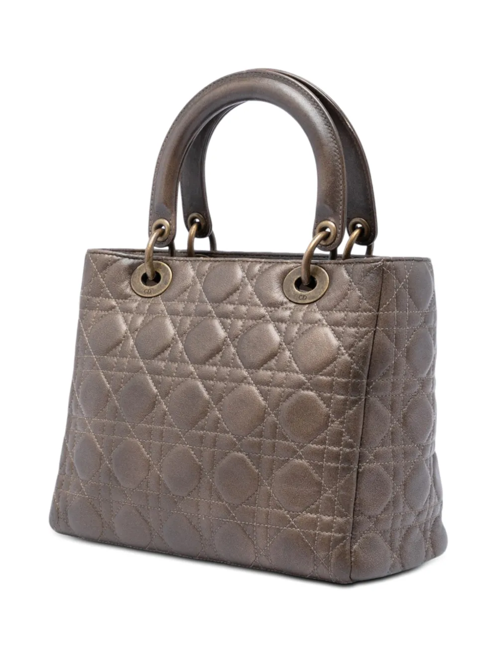 Dior Pre-owned 2007 Medium Metallic Lambskin Cannage Lady Dior Satchel in Brown, view 3