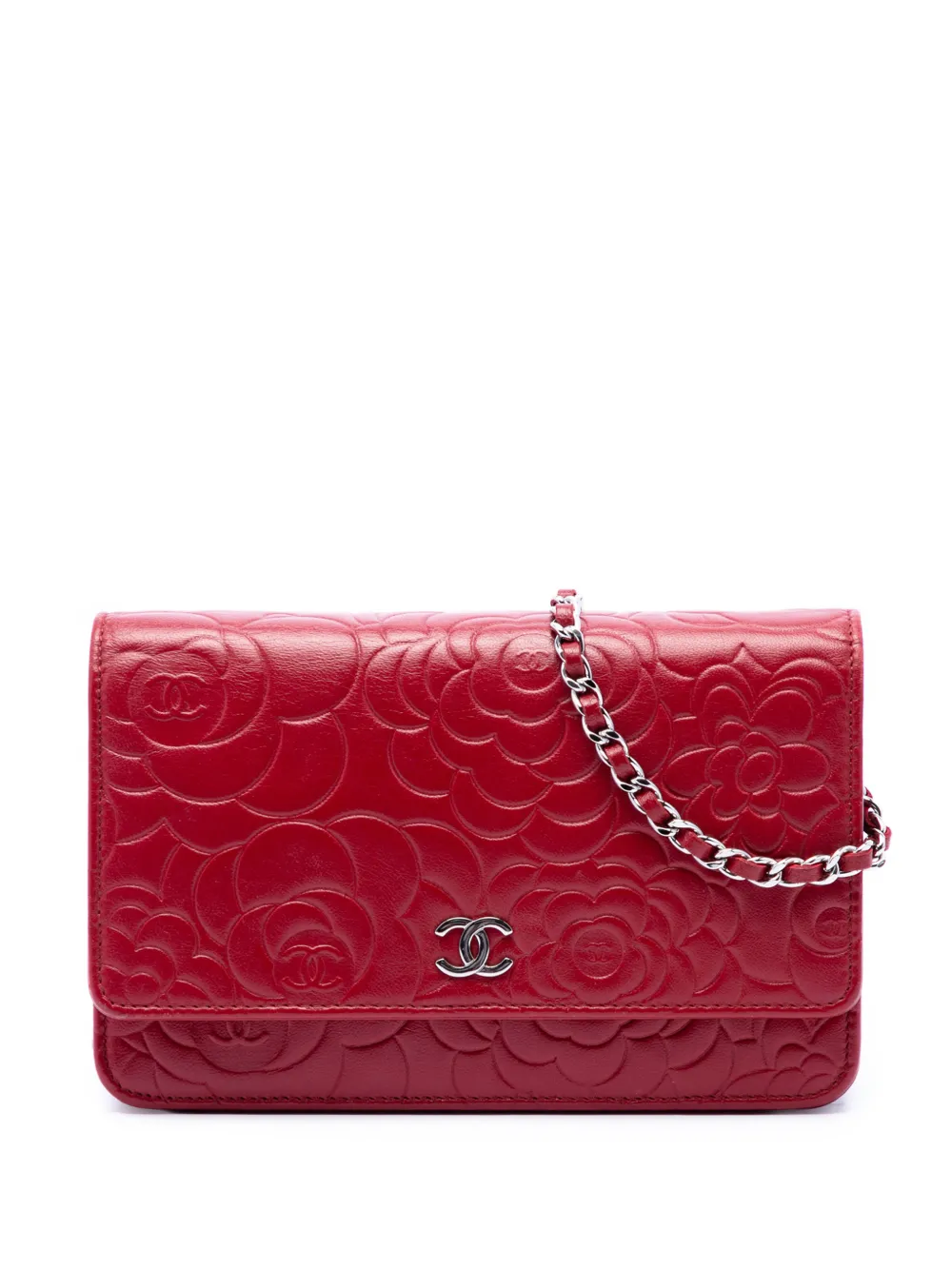 CHANEL Pre-Owned 2014 CC Embossed Lambskin Camellia Wallet On Chain crossbody bag - Rosso