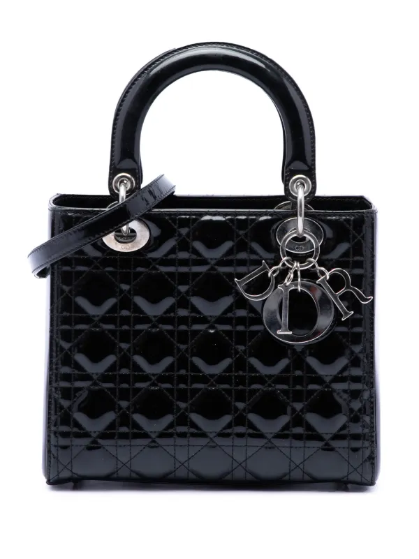 Dior Pre-owned 2010 Medium Patent Cannage Lady Dior Satchel in Black