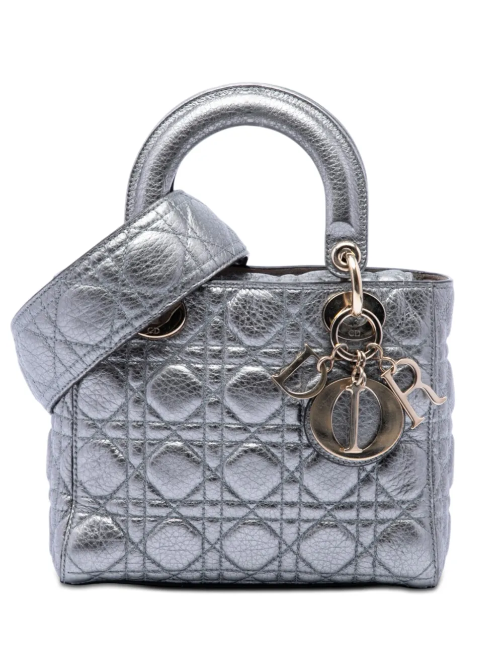 Christian Dior Pre-Owned 2017 Small Metallic Grained Calfskin Cannage Supple Lady Dior satchel - Silver