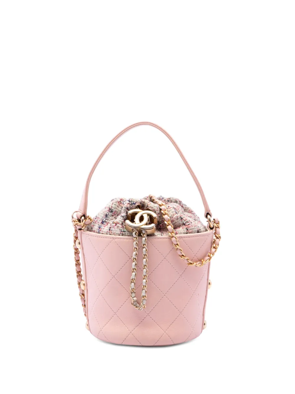 CHANEL Pre-Owned Borsa a secchiello CC in pelle di vitello e tweed piccola con coulisse 2019 - Rosa