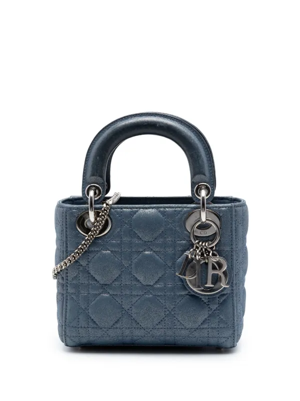 Dior Pre-owned 2015 Mini Iridescent Lambskin Cannage Lady Dior Satchel in Blue