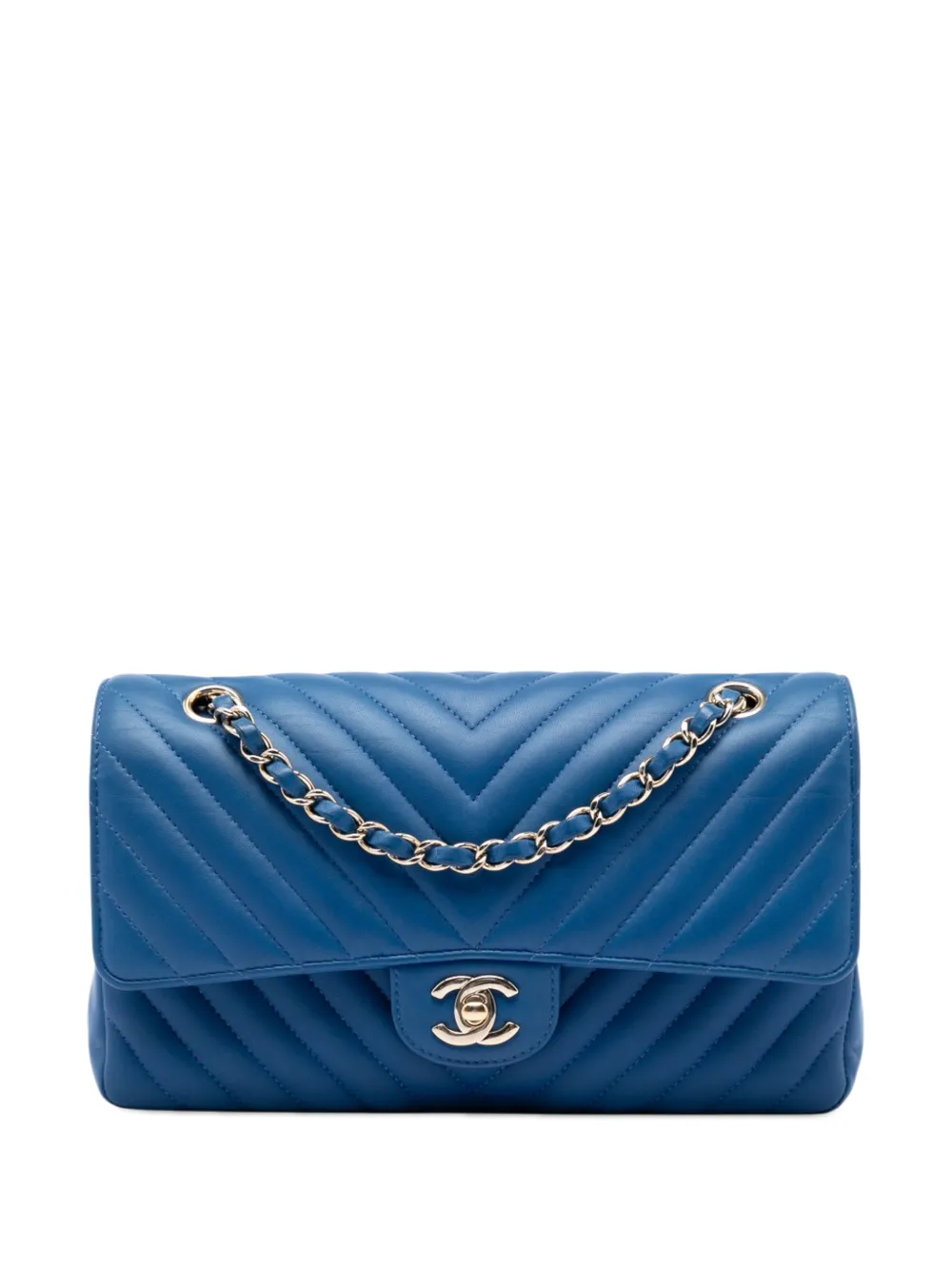 CHANEL Pre-Owned Borsa a spalla Classic Double Flap media in pelle di agnello con motivo chevron 2019 - Blu