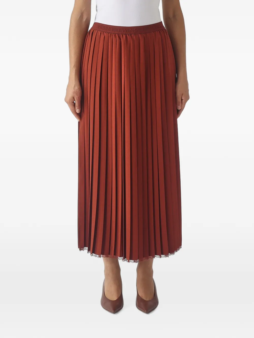 TWINSET pleated logo-waistband midi skirt - Marrone