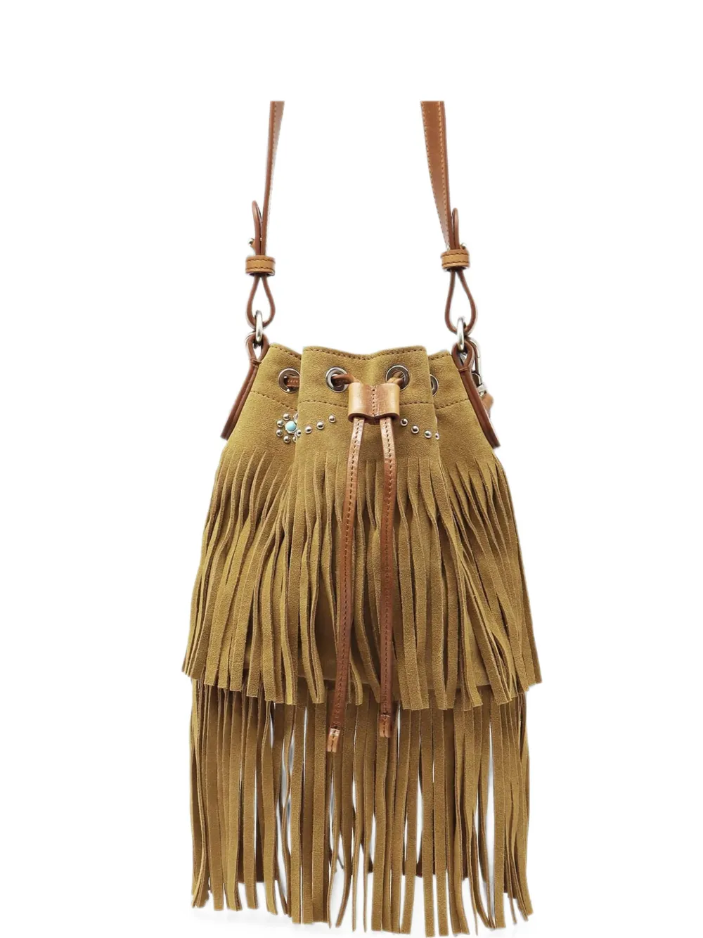 Htc Los Angeles Janis Fringes studded suede bucket bag - Toni neutri
