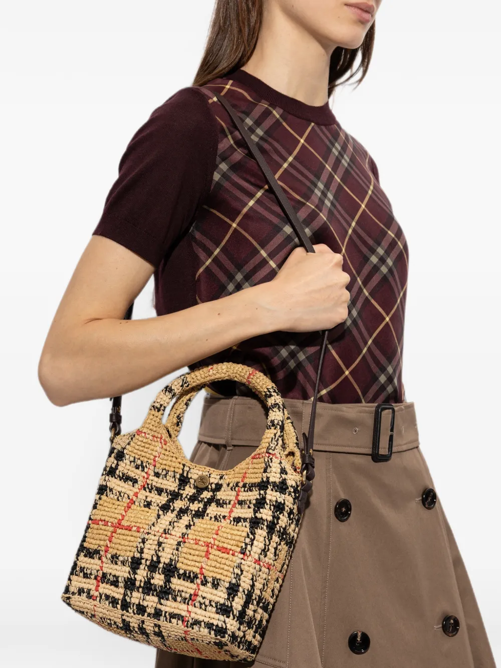 Burberry Margate geruite raffia mini-shopper Beige