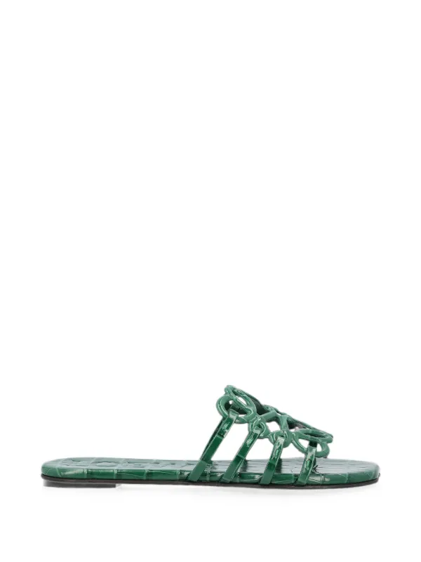 Loewe Petal Anagram Slides in Croc-embossed Calfskin in Green