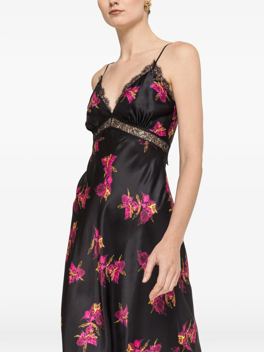 NISSA Zijde midi-jurk met bloemenprint Zwart