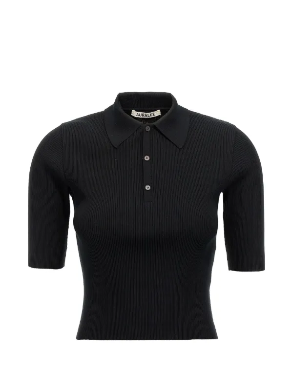 Auralee Ribbed-knit Polo Shirt in Black