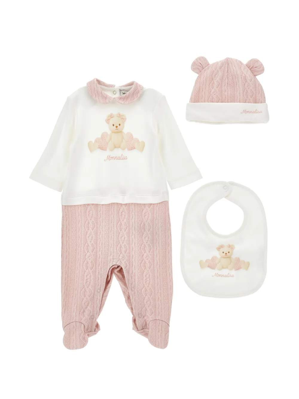 Monnalisa ensemble de pyjama en maille torsadée à détail ourson (trois pièces) - Blanc