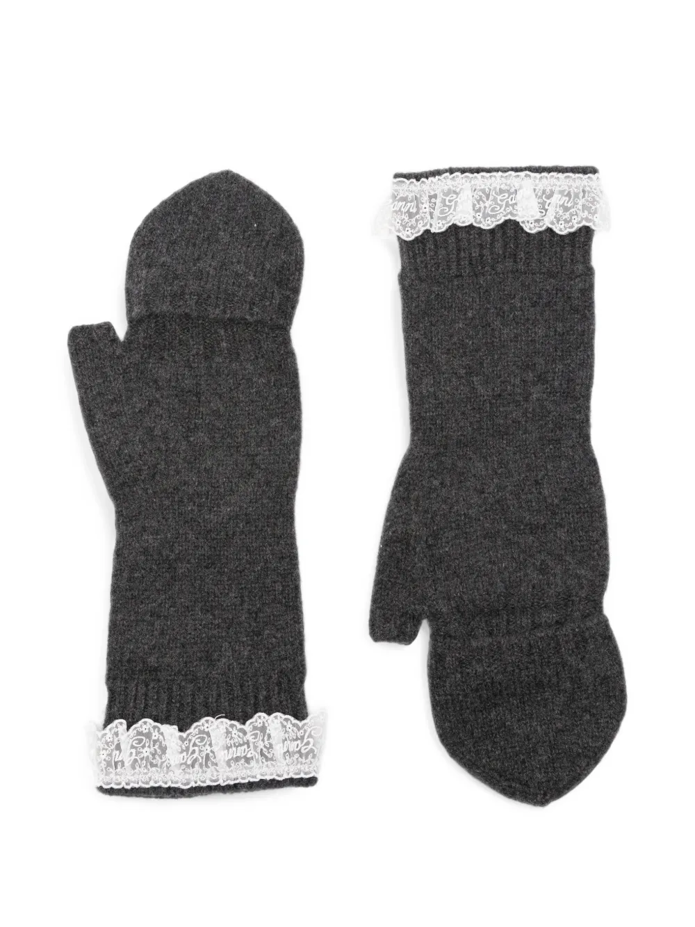 GANNI lace-trim knitted mittens Grijs