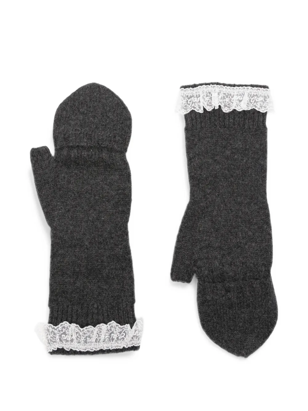GANNI lace-trim knitted mittens Grijs