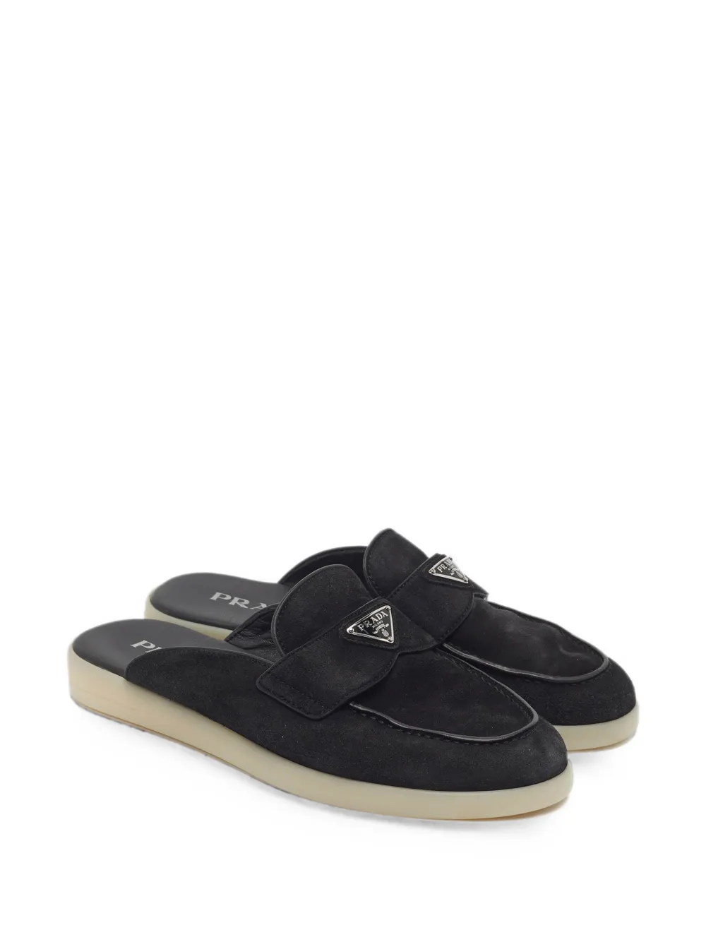 Pre-owned Prada Triangle-logo Suede Mules In Black