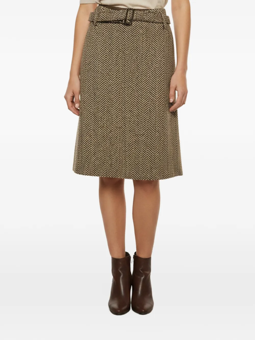 Pre-owned Weekend Max Mara Herringbone-pattern Belted Pencil Skirt In Brown