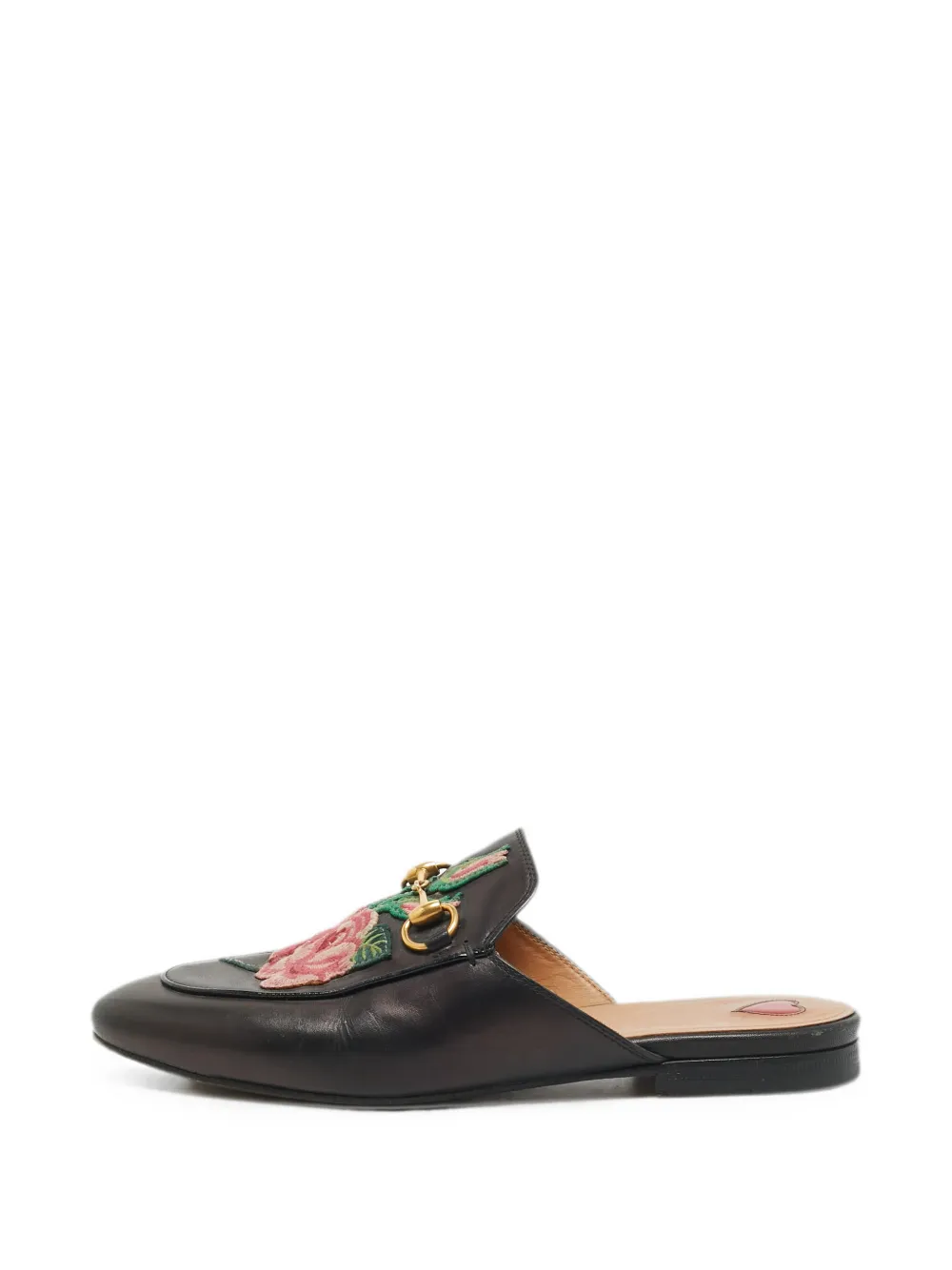 Pre-owned Gucci Princetown Leather Floral-embroidered Mules In Brown