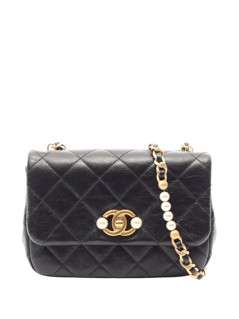 CHANEL Pre-Owned Borsa a tracolla mini in pelle di vitello lucida con perle e battente 2021-2026 - Nero