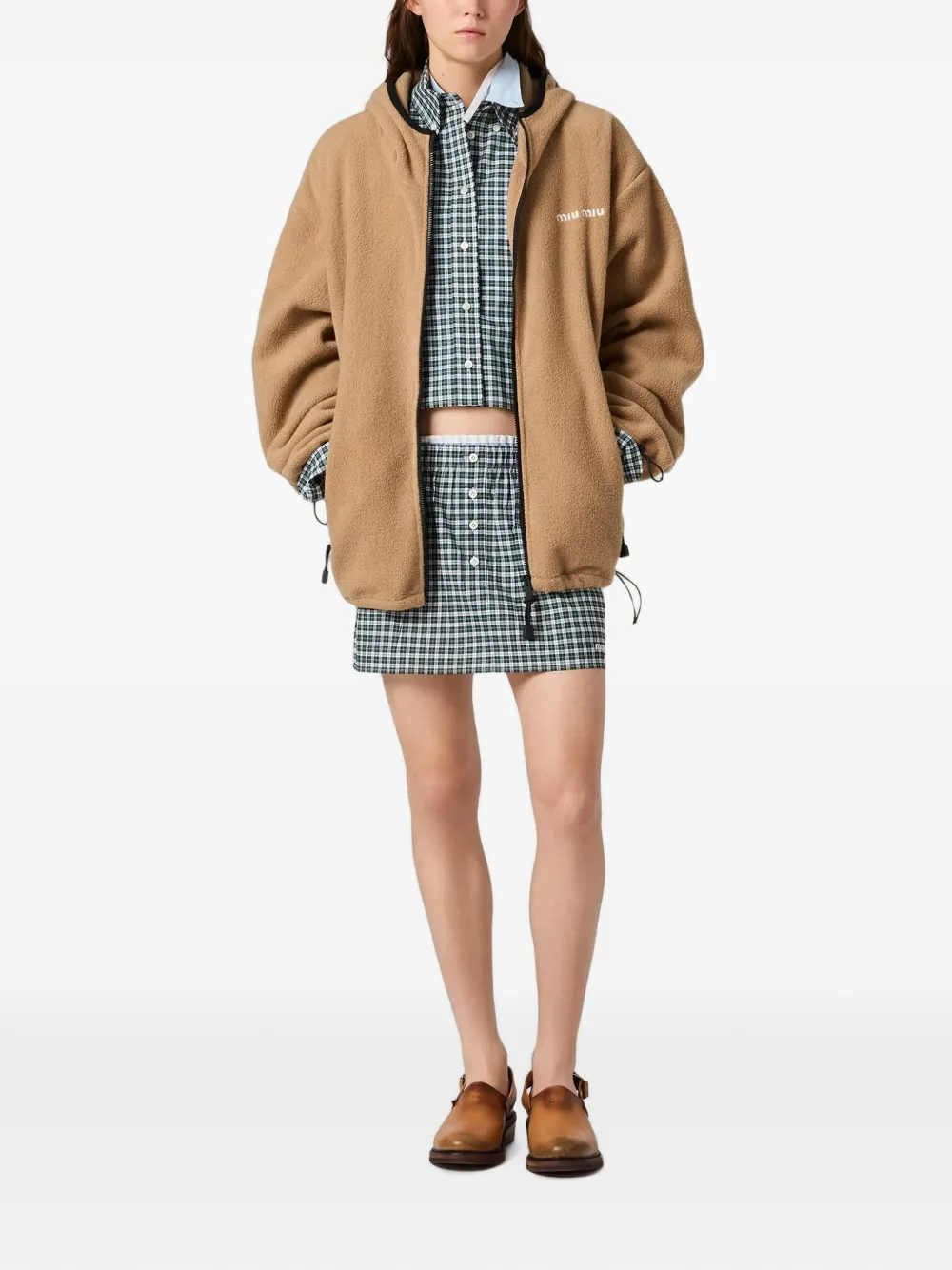 Miu Katoenen fleece hoodie met rits Beige