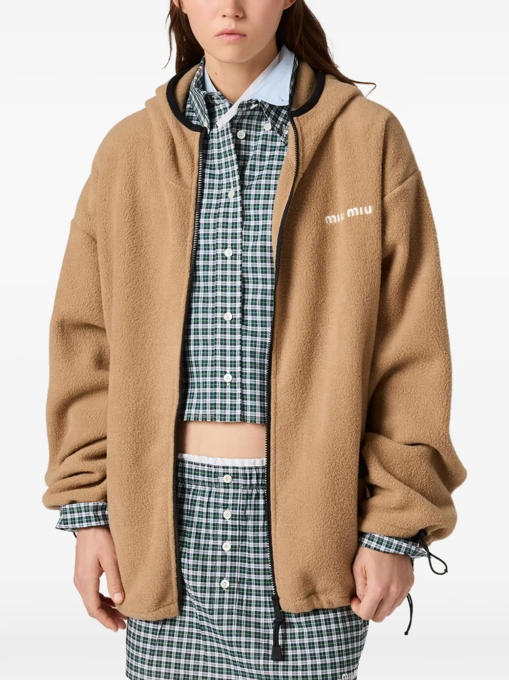 Miu Katoenen fleece hoodie met rits Beige