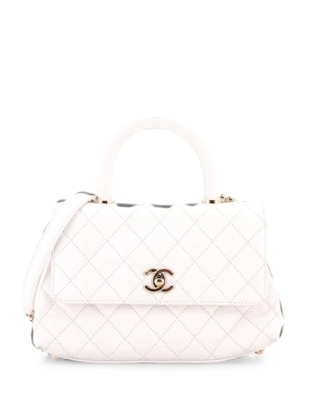 Pre-owned Chanel Coco Top Handle Bag Quilted Caviar With Lizard Embossed Handle Mini Satchel In White