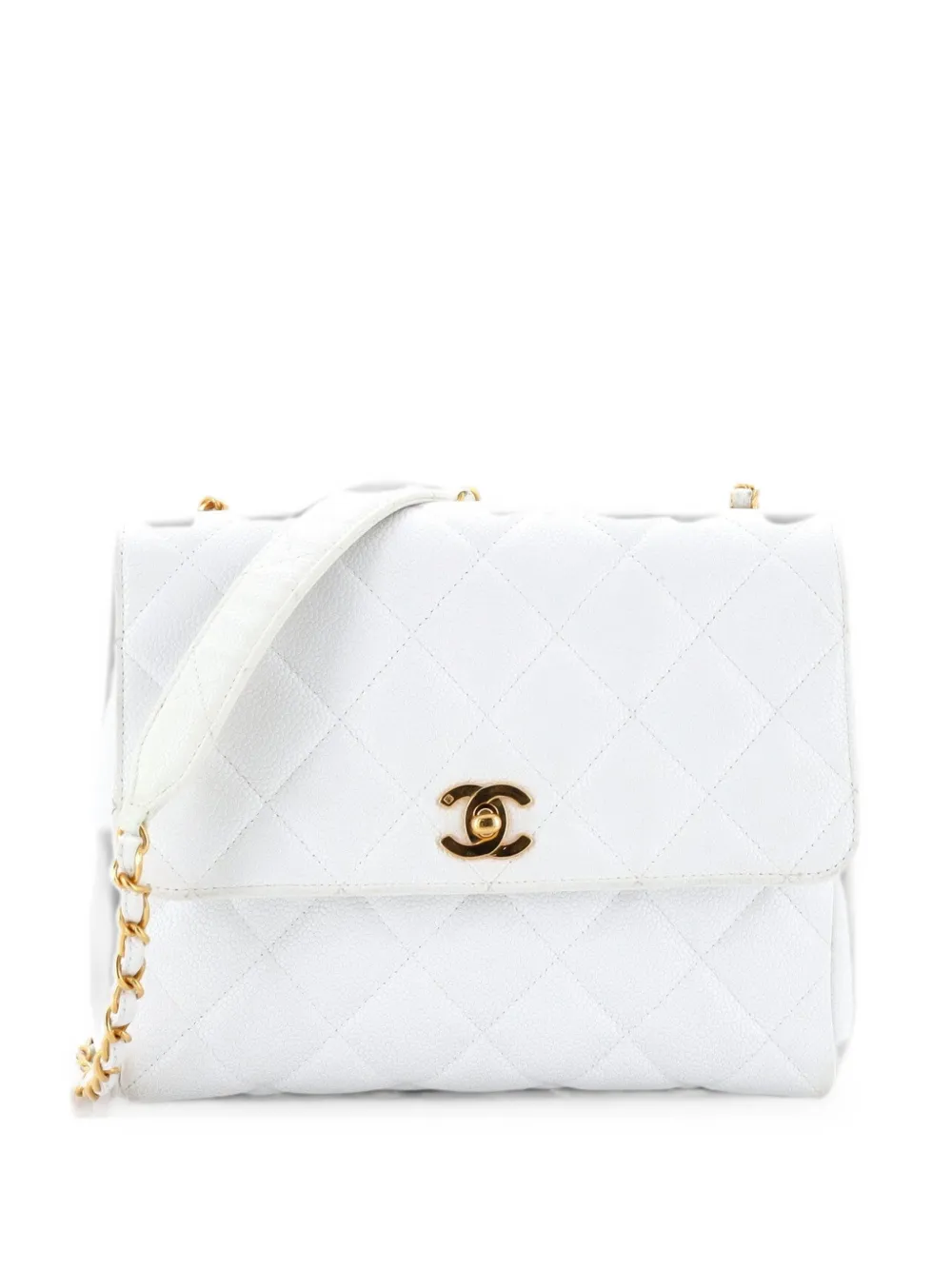 CHANEL Pre-Owned Borsa a spalla CC in pelle Caviar trapuntata con battente - Bianco