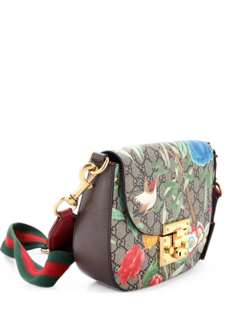 Gucci Pre-Owned Borsa a spalla Padlock Saddle Tian media in tela cerata GG con stampa - Marrone