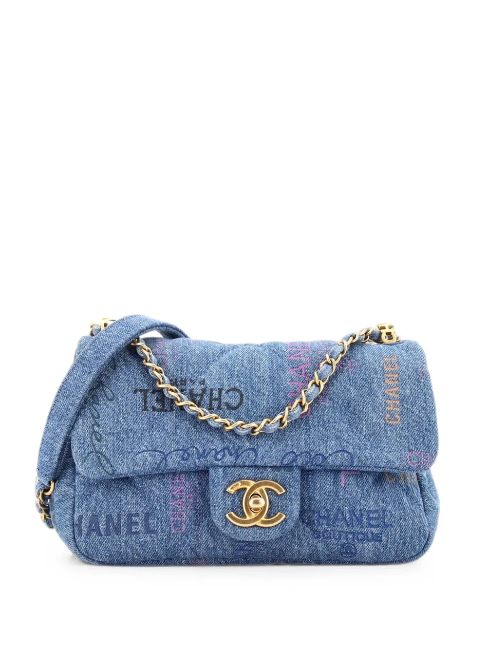 CHANEL Pre-Owned Borsa a tracolla Denim Mood piccola in denim trapuntato con battente e stampa logo - Blu