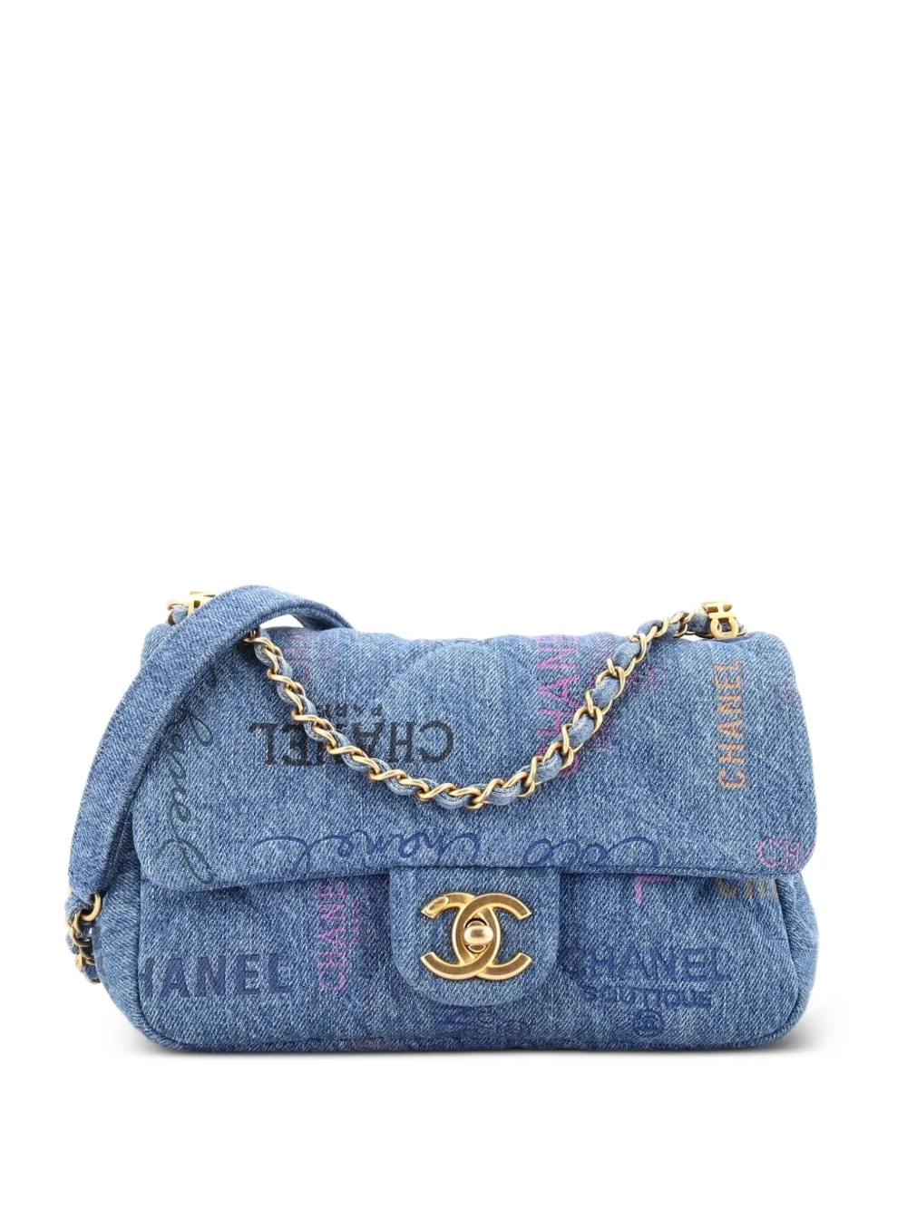 CHANEL Pre-Owned Denim Mood Flap Bag Logo Printed Quilted Denim Small crossbody bag - Blue