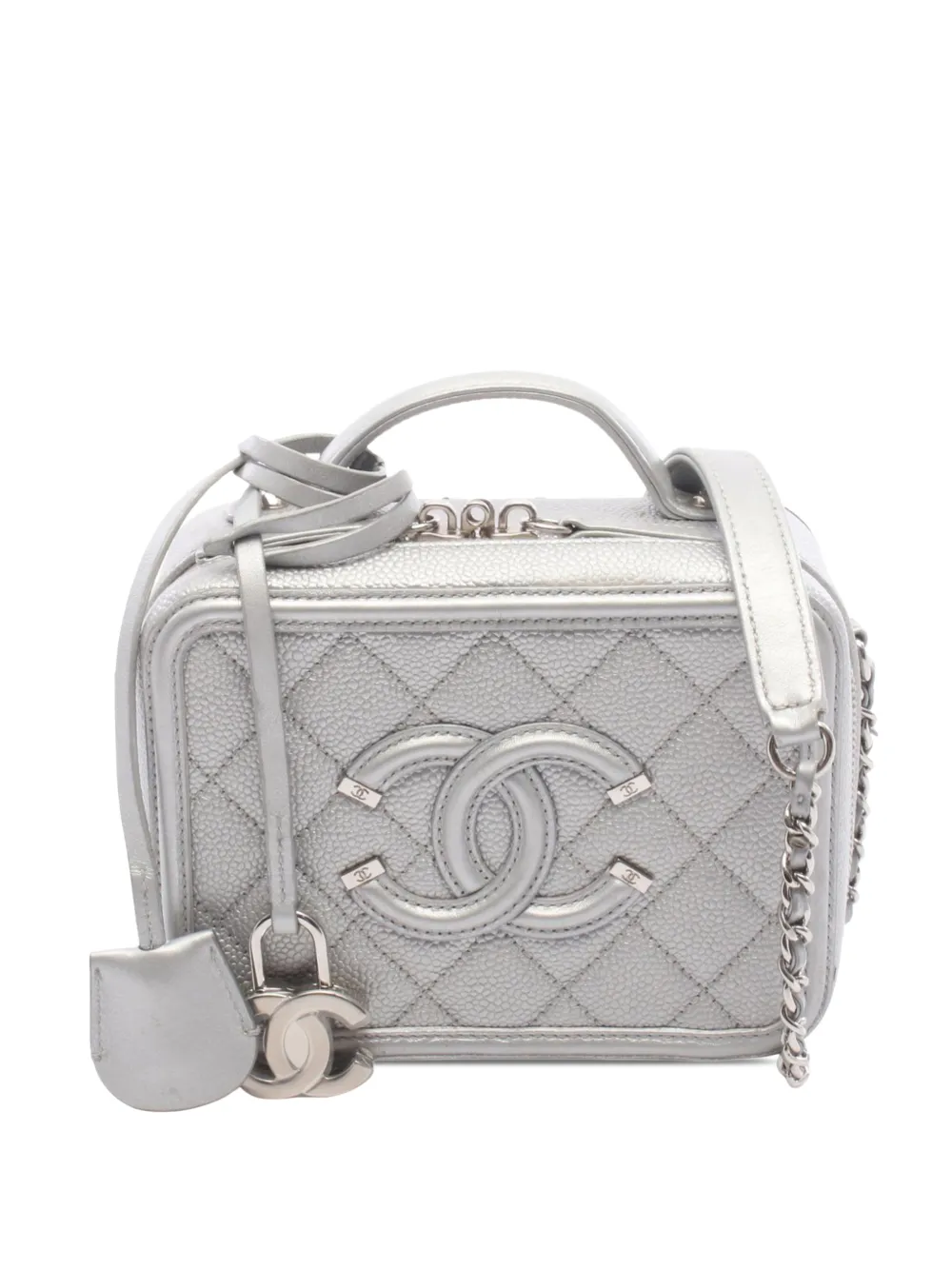 CHANEL Pre-Owned Trousse Filigree CC piccola in pelle Caviar metallizzata con tracolla 2017-2018 - Argento