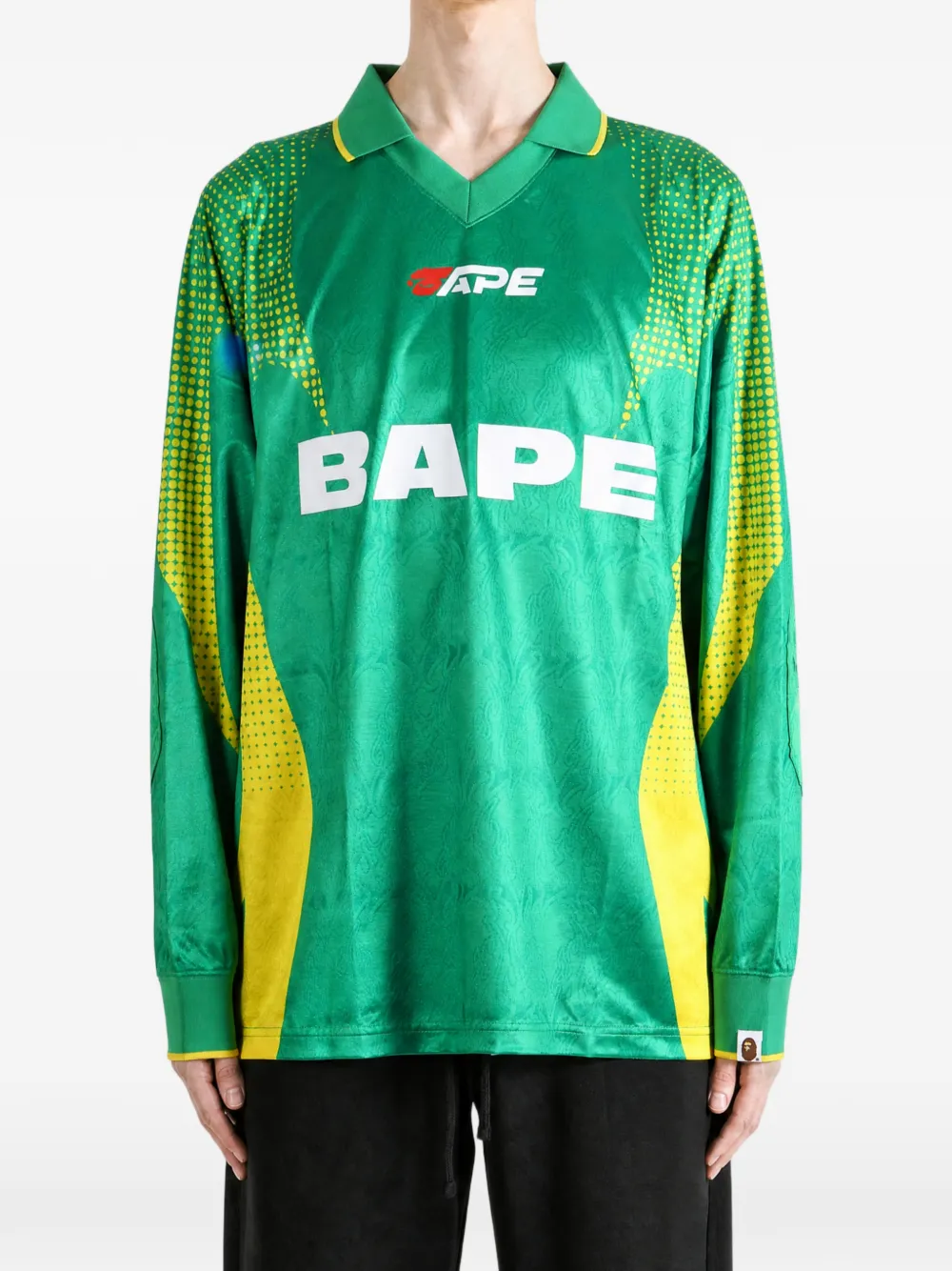 A BATHING APE flame monogram jacquard logo relaxed fit football jersey Groen