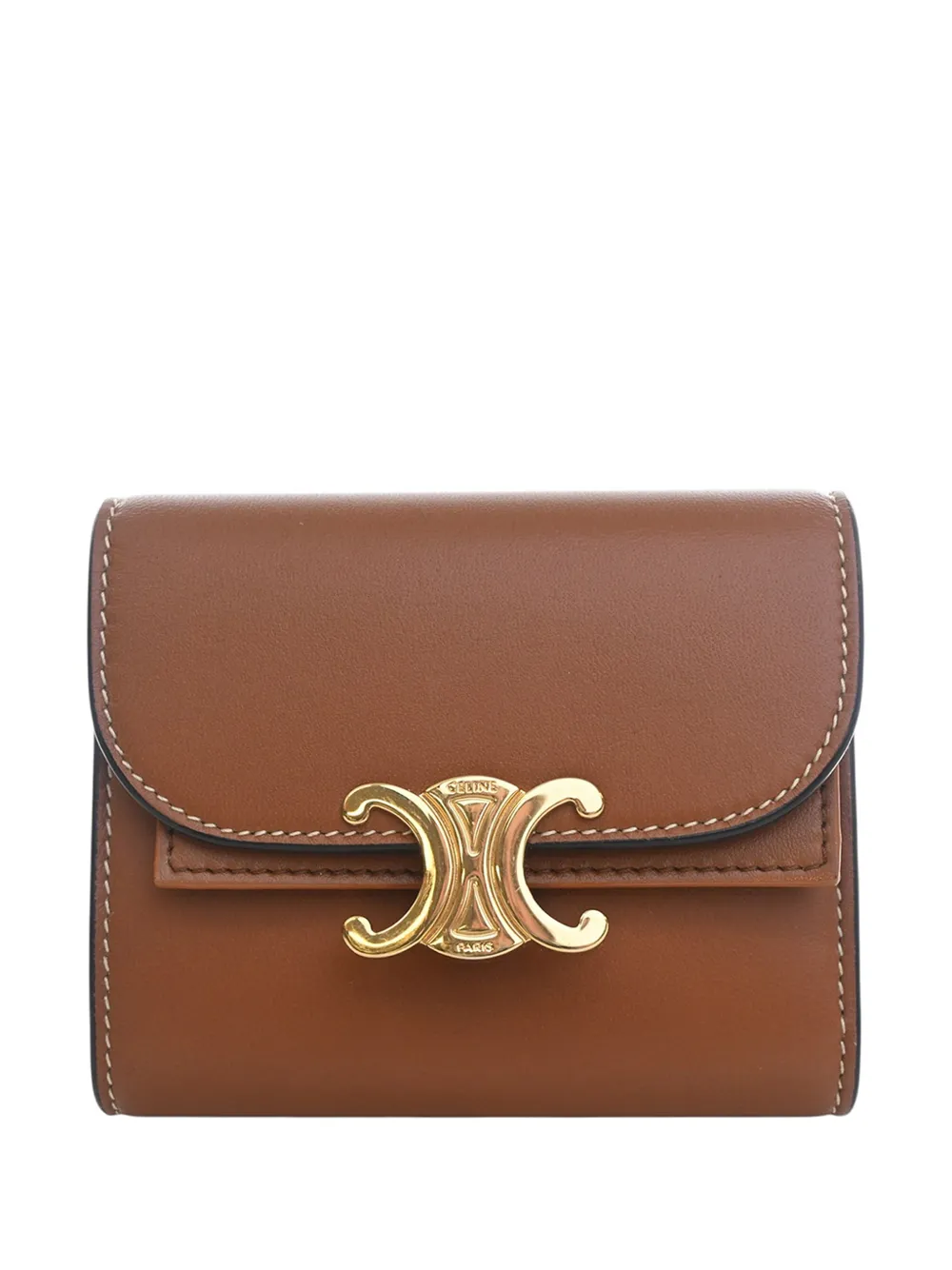 Pre-owned Celine 2018-2026 Shiny Calfskin Triomphe Flap Wallet Small Wallets In Brown