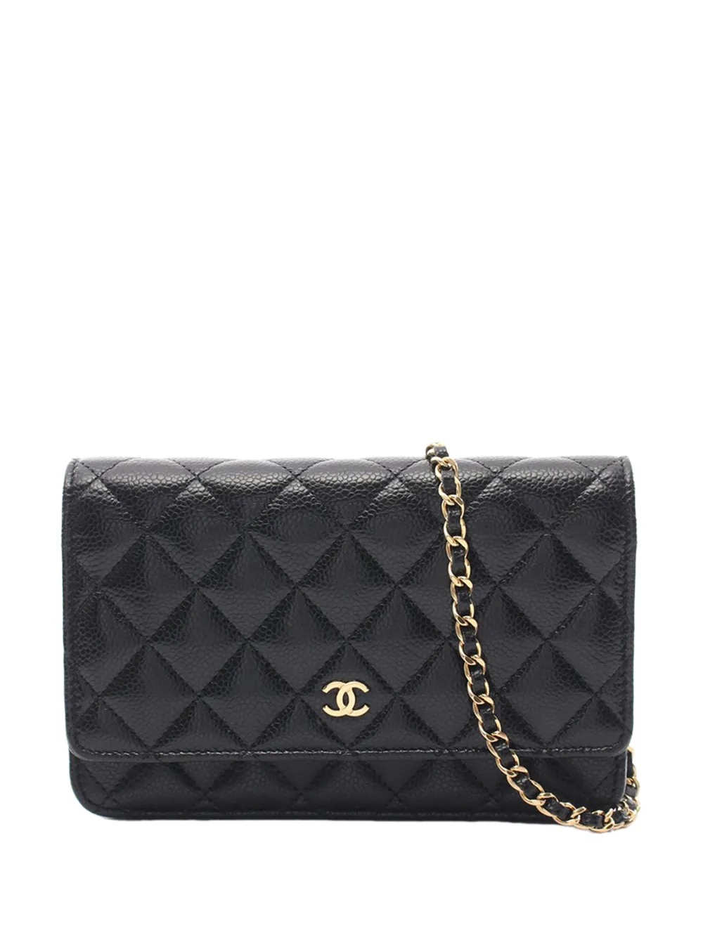 Pre-owned Chanel 2021-2026 Cc Quilted Caviar Wallet On Chain Crossbody Bag In Black