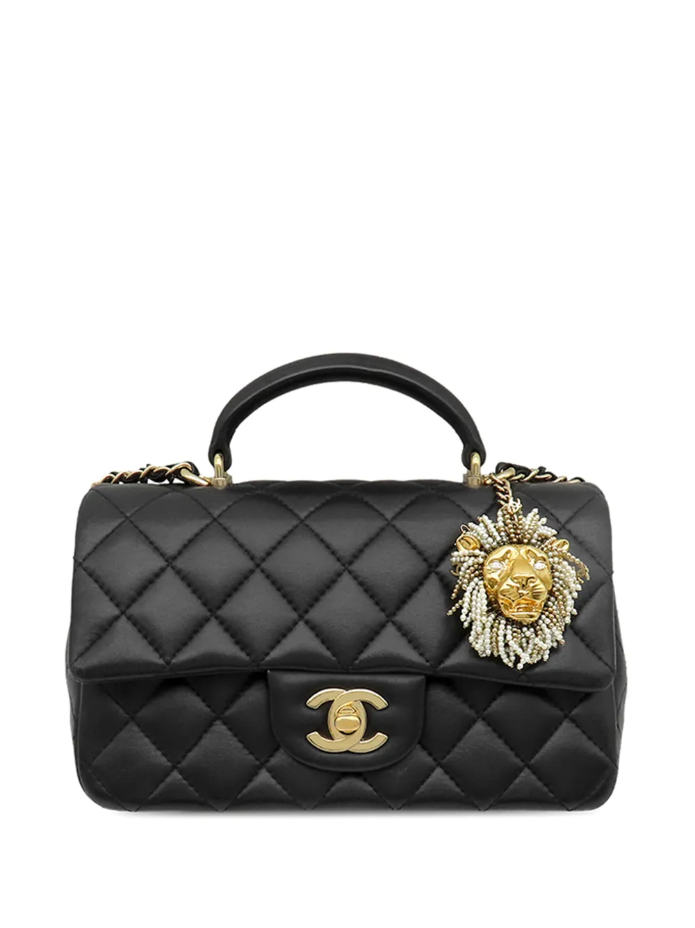 CHANEL Pre-Owned 2021-2026 Mini Rectangular Classic Lambskin Lion Charm Top Handle Flap satchel - Black