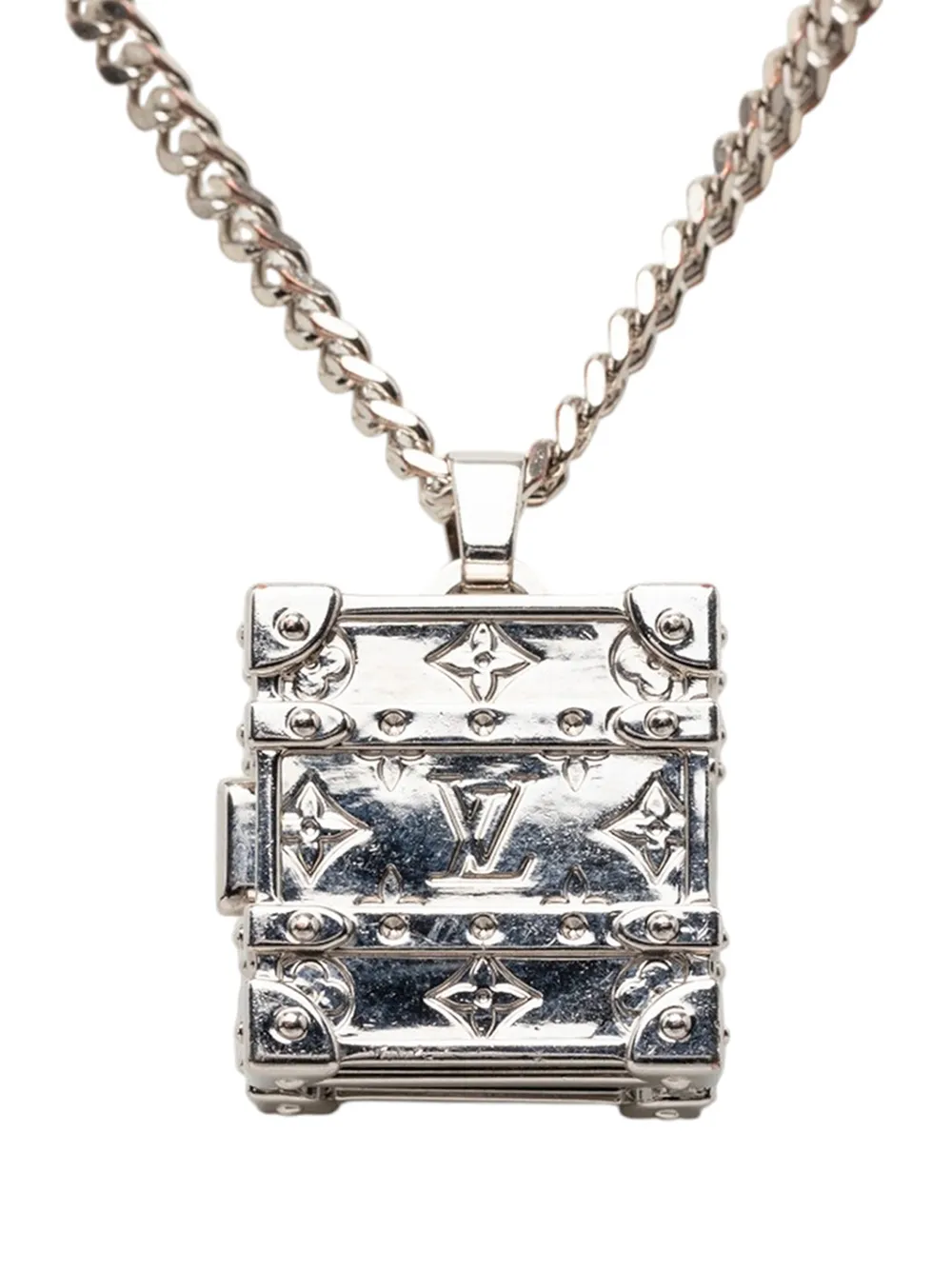 Pre-owned Louis Vuitton 2021 Brass Monogram Trunk Pendant Necklace Costume Necklace In Silver