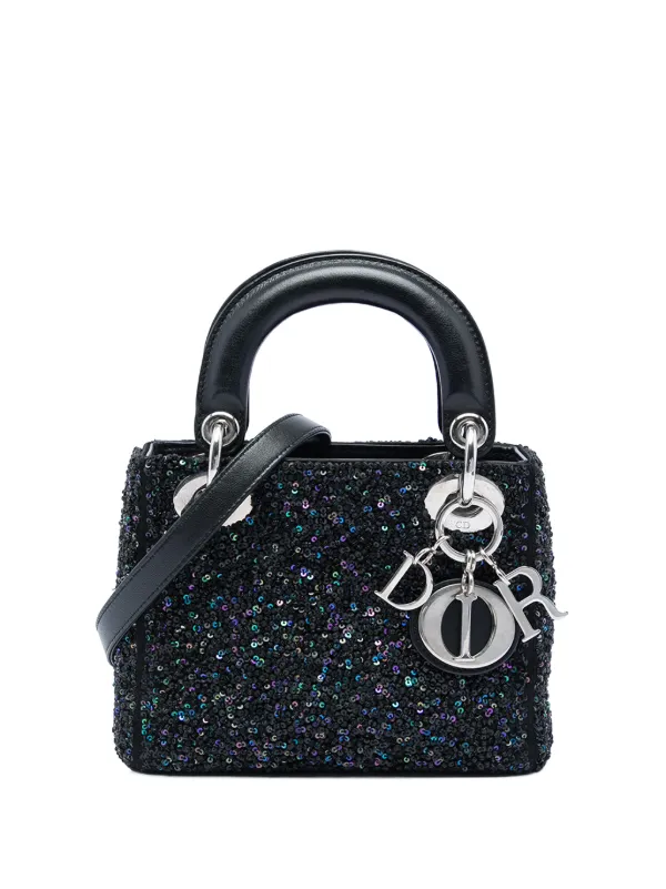 Dior Pre-owned 2014 Mini Satin Sequin Embellished Lady Dior Satchel in Black