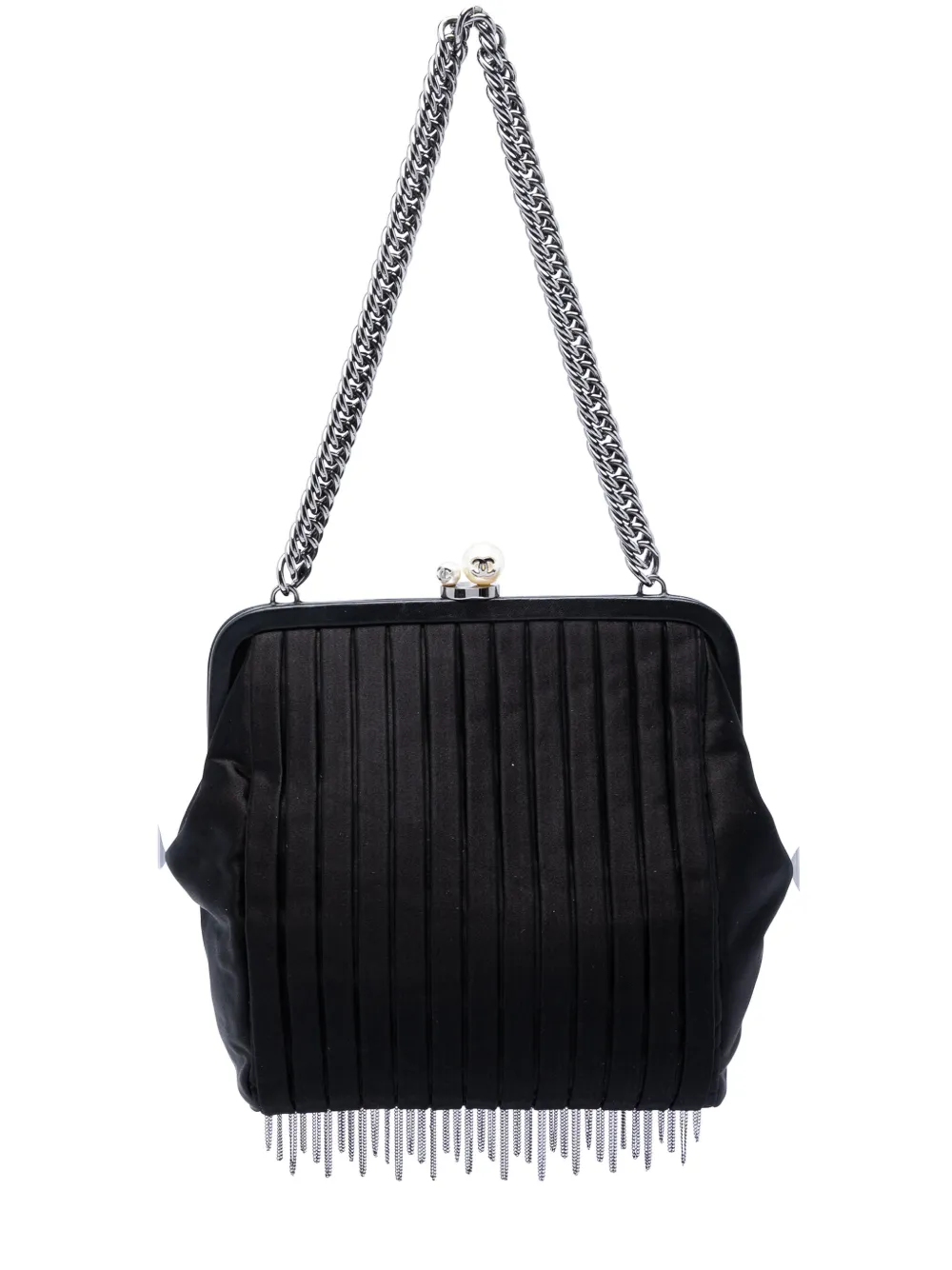 CHANEL Pre-Owned 2006-2008 Pleated Satin Frame Pearl Chain Fringe shoulder bag - Nero