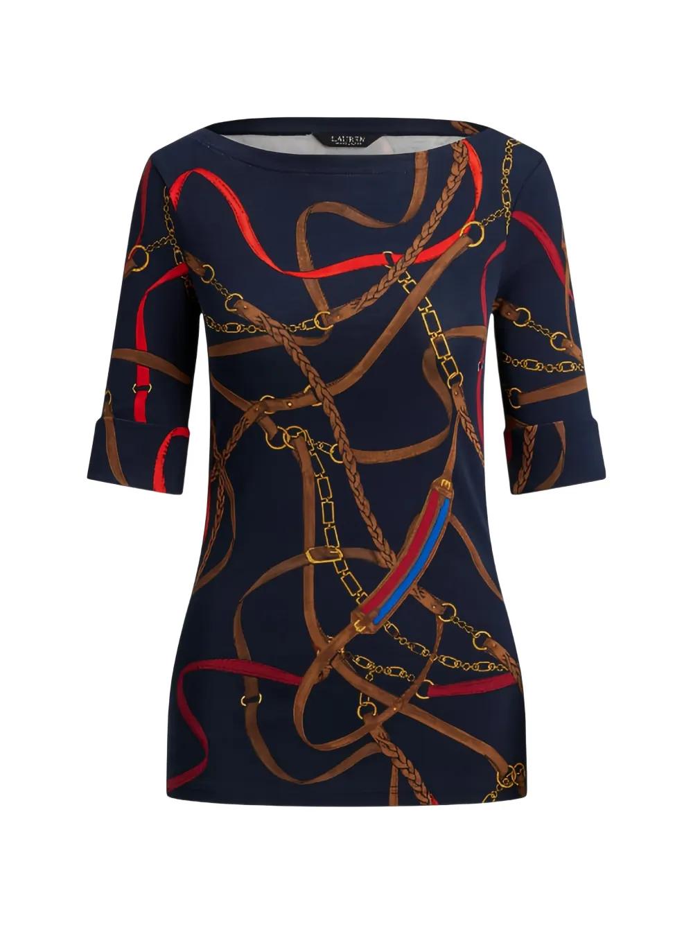 Lauren Ralph Lauren belt-print cuffed-sleeve T-shirt - Blu