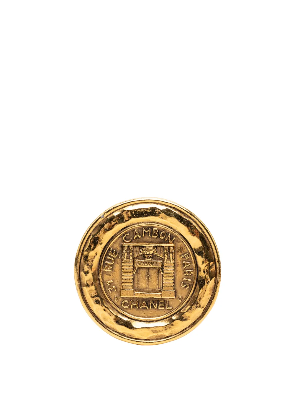 Pre-owned Chanel 1970-1980 Gold Plated 31 Rue Cambon Medallion Pin Brooch Costume Brooch
