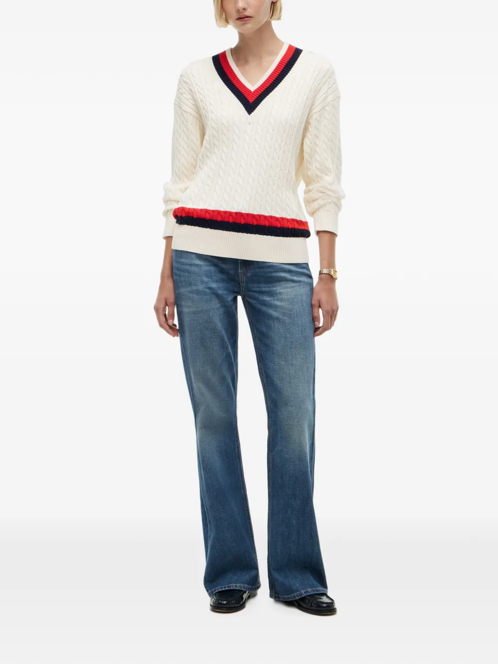 Tommy Hilfiger Kabelgebreide trui met gestreepte afwerking Beige