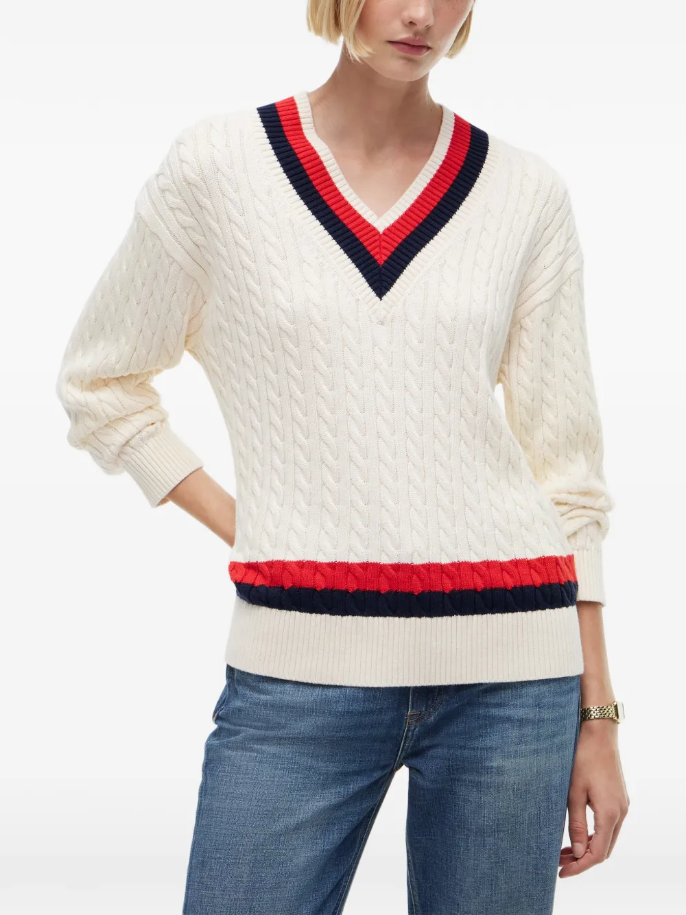 Tommy Hilfiger Kabelgebreide trui met gestreepte afwerking Beige