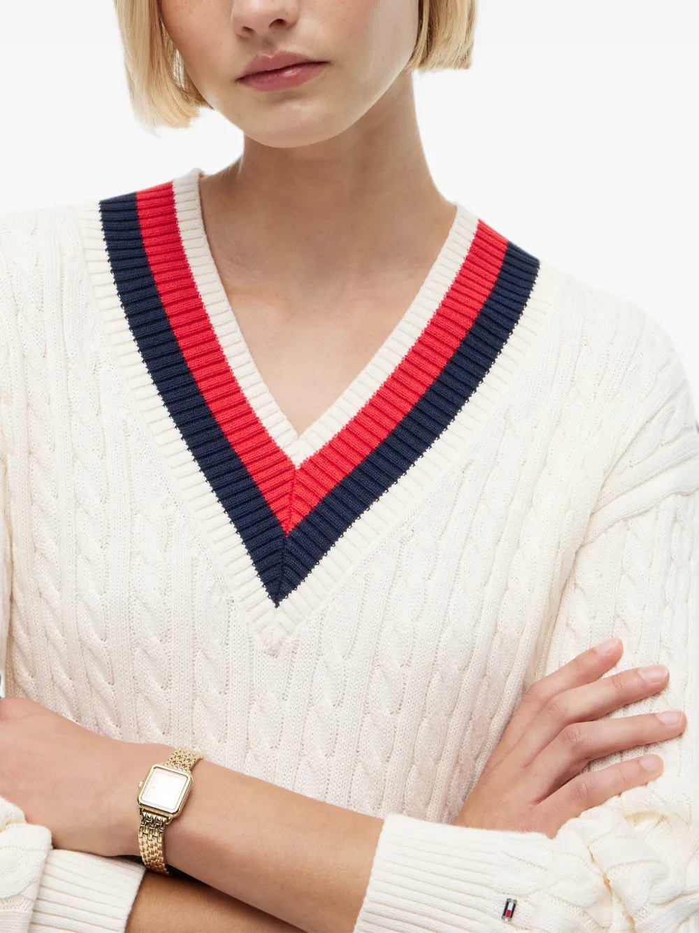 Tommy Hilfiger Kabelgebreide trui met gestreepte afwerking Beige