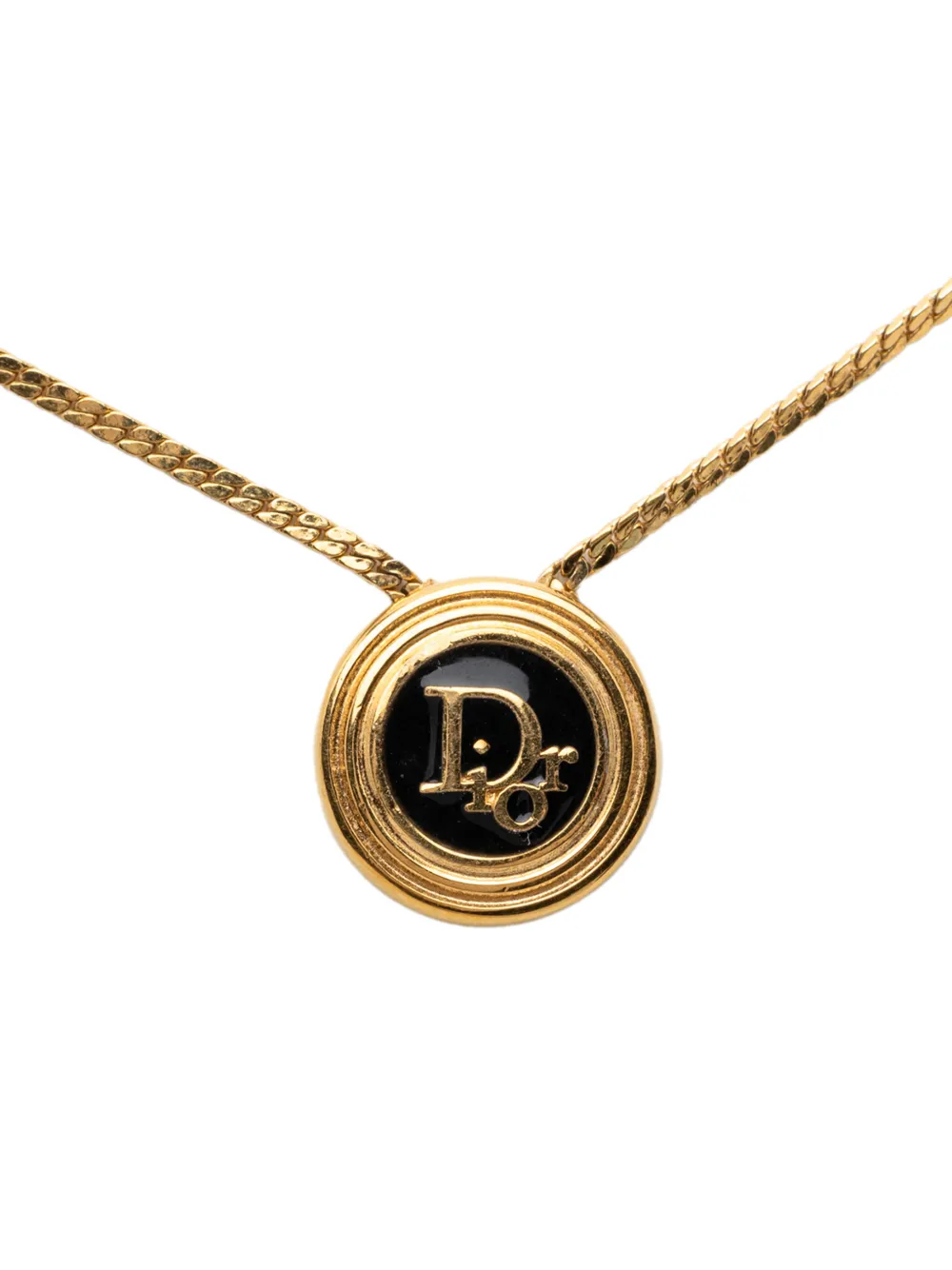 Pre-owned Dior 20th Century Gold Plated Enamel Logo Round Pendant Necklace Costume Necklace In Black