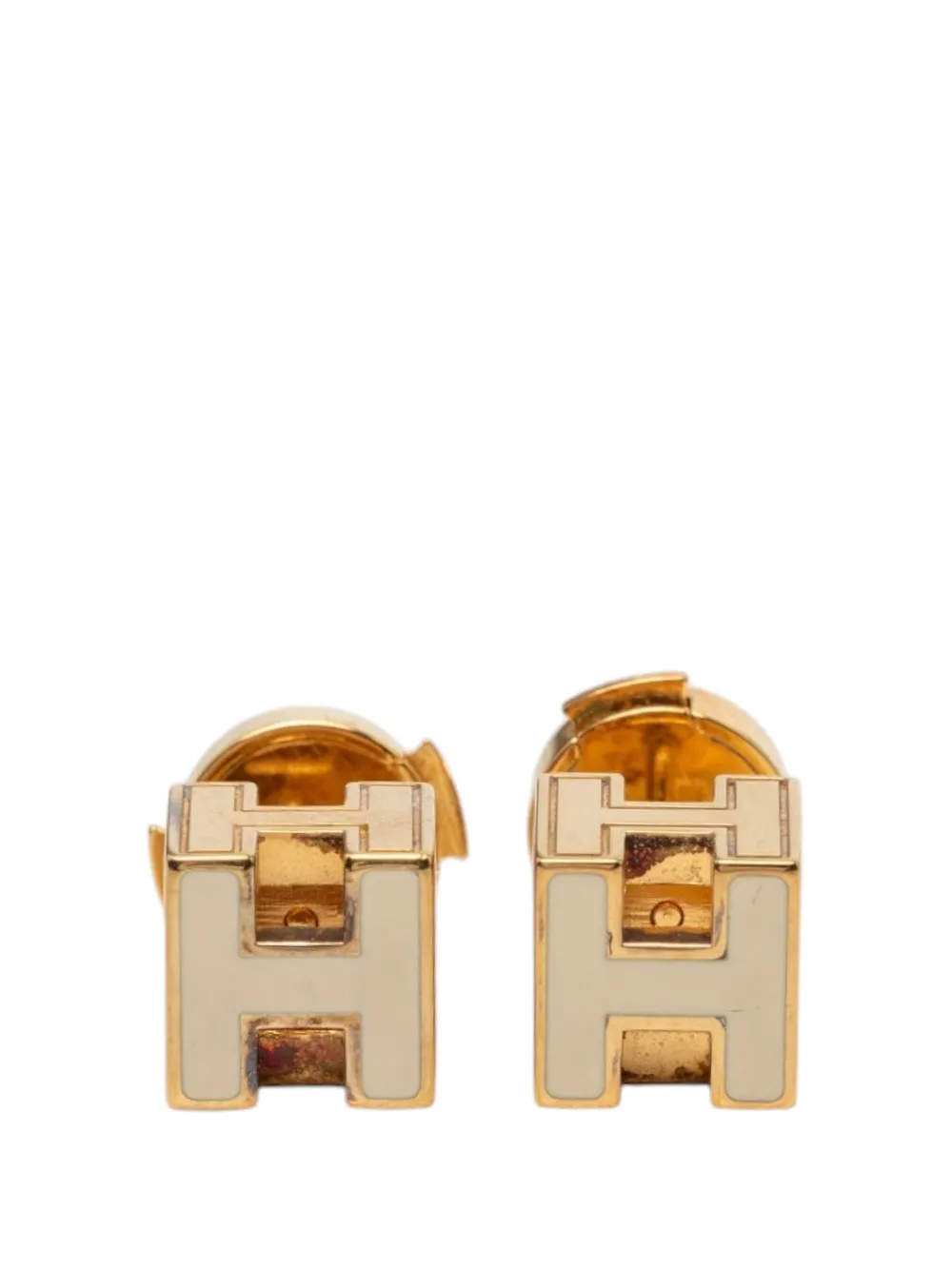 Pre-owned Hermes 1990-2010 Gold Plated Enamel Cage Dh Cube Earrings Costume Earrings In White