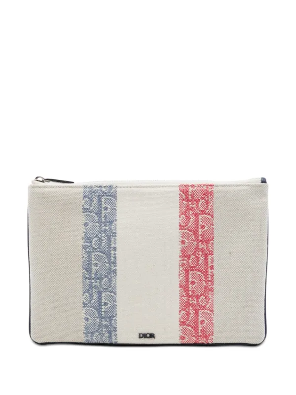 Dior Pre-owned 2018 Tricolor Oblique Canvas Stripe Zip Pouch in Neutrals
