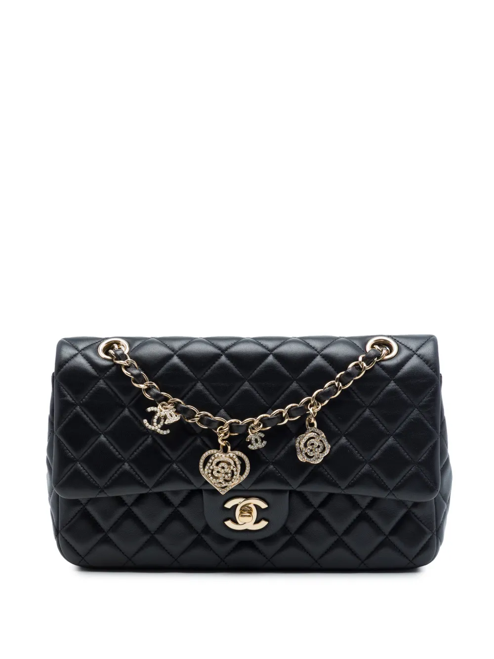 Pre-owned Chanel 2014 Medium Classic Lambskin Valentines Heart Charms Single Flap Shoulder Bag In Black