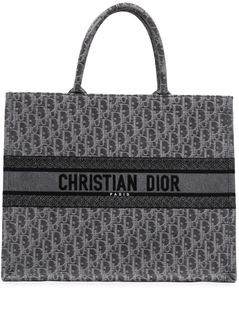 Pre-owned Dior 2025 Large Oblique Embroidered Denim Book Tote Bag In Gray