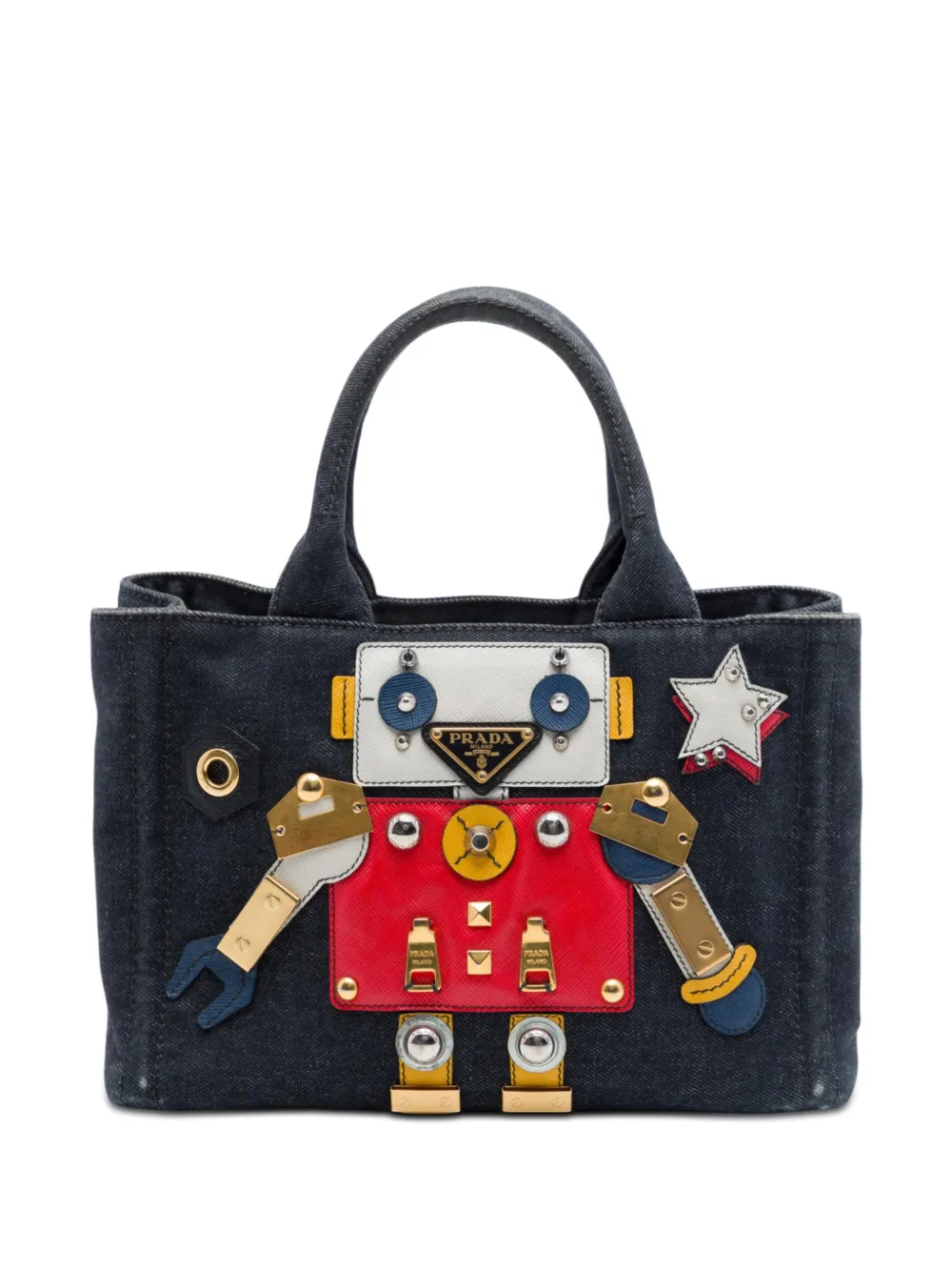 Pre-owned Prada 2013-2026 Small Saffiano Trimmed Denim Canapa Robot Satchel In Black