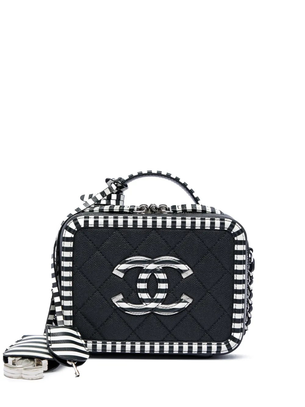 Pre-owned Chanel 2019 Small Caviar Striped Cc Filigree Vanity Case Satchel In Black
